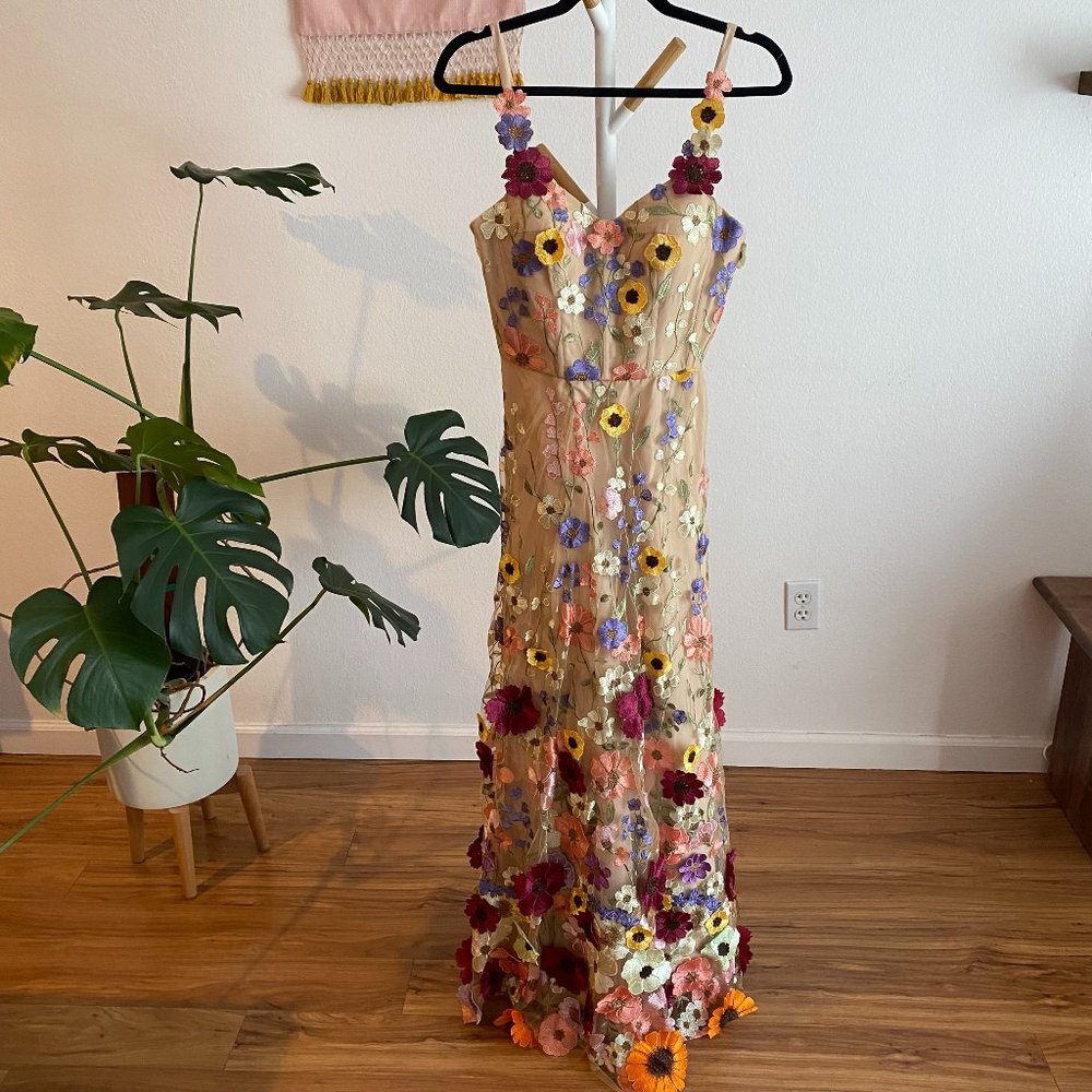 Embroidered Floral Maxi Dress in Cream and Multicolor - Picture 2 of 7